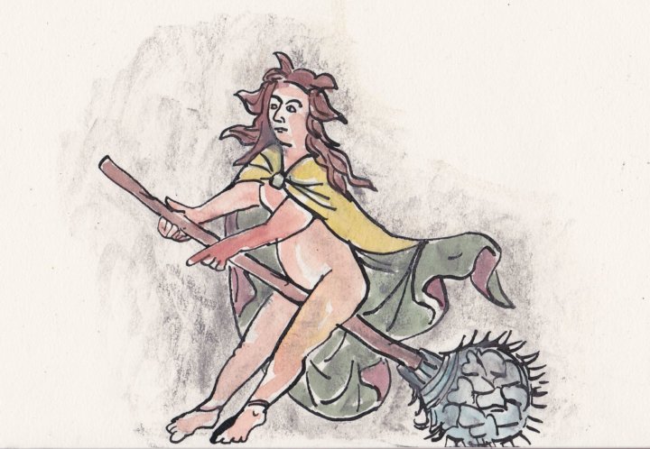 Zeichnung einer auf einem Blumestängel reitenden Frau, fast nackt ist sie.