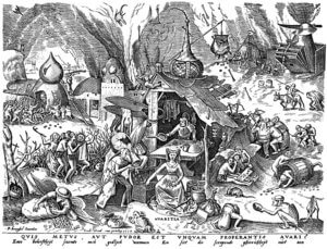 4. Avaritia, der Geiz; Holzschnitt nach Pieter Brueghel d.Ä.