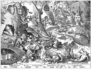 5. Gula, die Gier; Holzschnitt nach Pieter Brueghel d.Ä.