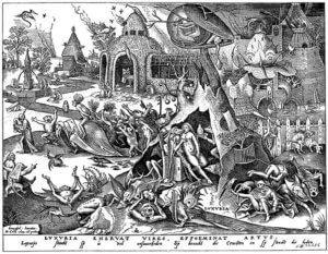 7. Luxuria, die Wollust; Holzschnitt nach Pieter Brueghel d.Ä.