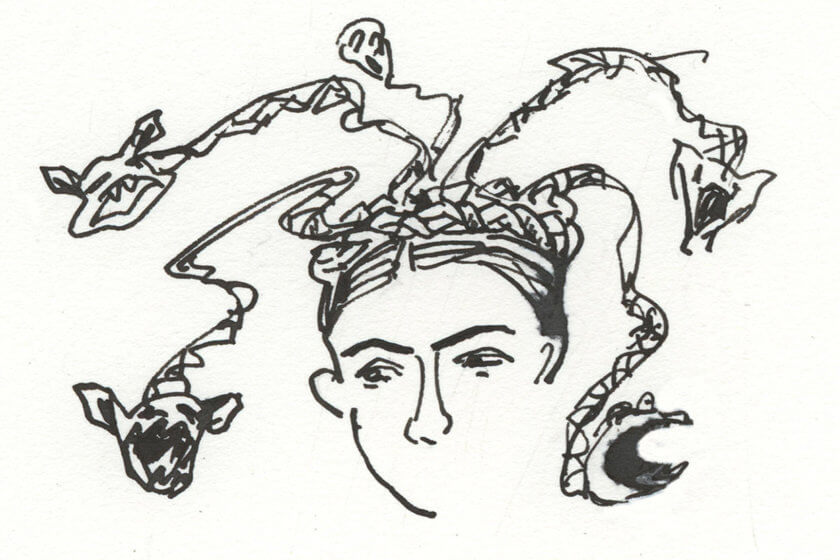 Zeichnung: aus einem um einen Frauenkopf gewundenen Zopf